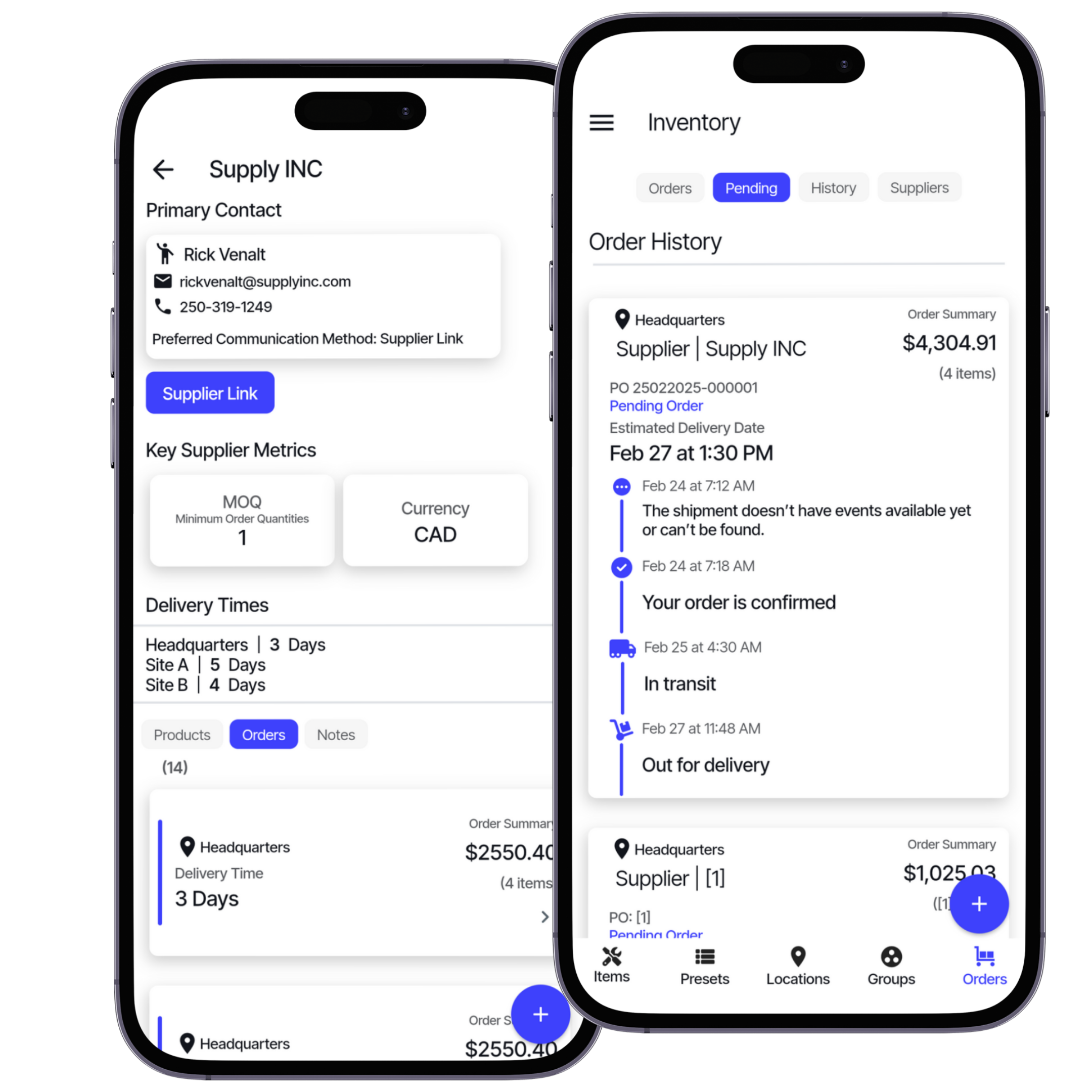 Inventory and orders screenshot